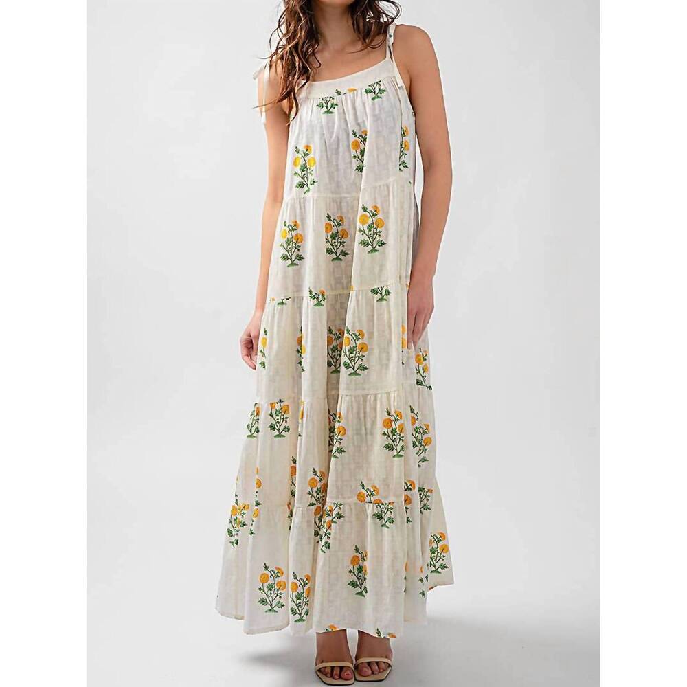 NEW URBAN DAIZY tiered floral cotton maxi dress in white green yellow - Picture 4 of 10